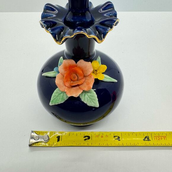 Decorative Perfume Bottle w/ Stopper Rose Flower Cobalt Blue Gold Ruffle Trim - Picture 9 of 10